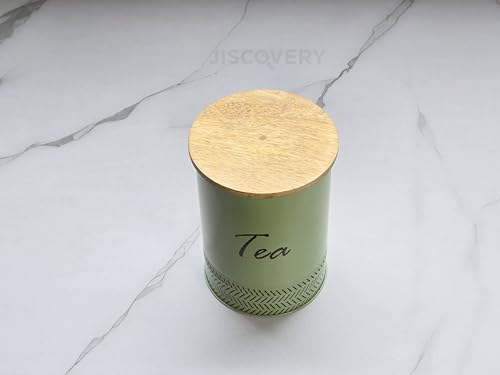 Image of JISCOVERY Airtight Tea & Sugar Container Set of 2| Metal Storage Canister with Wooden Lid for Kitchen| Storage Box for Kitchen Counter Top| 1300 ML| Green