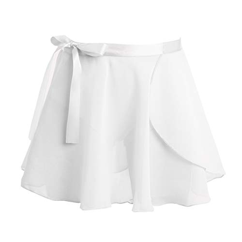 TTAO Kids Girls Basic Classic Ballet Dance Wrap Skirt Chiffon Mini Pull-On Tutu Skirts with Waist Tie Dance Bottoms White 4-6