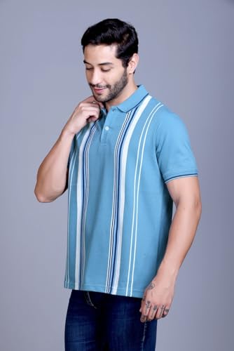 Image of SANE ORIGINALS Textured Polo T-Shirt for Men in Vertical Stripes || Old Money Polos for Men