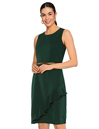 Image of FabAlley Department233 Poly Lycra Regular Green Ruffled Bodycon Dress with Tan Belt
