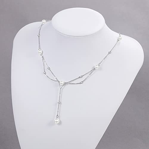 KINGWHYTE Pearl Necklaces for Women 925 Sterling Silver Y-Shaped Pendant Necklace Trendy Beaded Chain Wedding Dainty Pearl Strand Jewelry Gifts for Her3