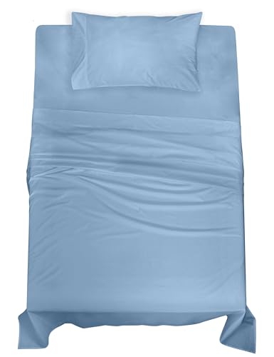 Image of Royale Linens 100% Organic Cotton Twin XL Sheet Set - Percale Weave - 3 Pieces Set - 1 Flat, 1 Deep Pocket Fitted Sheet and 1 Pillowcases -Lake Blue Bed Sheets -Sabanas Twin XL -Crisp Cool (Lake Blue)