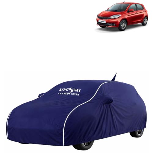Image of KINGSWAY Super Waterproof Car Cover Only with Tata Tiago (Year 2016 to 2020 - All Model) | Mirror and Antenna Pockets | All Weather Car Body Cover with Silver Piping | Blue