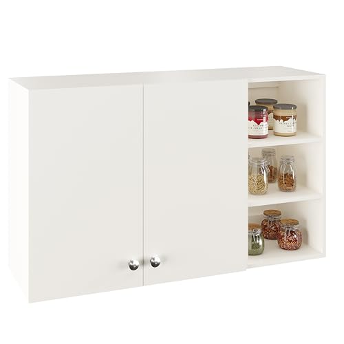 Image of FURNEASER Lismore Kitchen Storage Cabinet Rack Shelf Multipurpose Wooden Wall Mounted Spice Jar Shelves for Storage Organizer Containers Hanging Shelves with 2 Door (White)