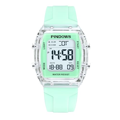 PINDOWS Montre de Sport numérique pour Femme, boîtier Transparent, lumière LED Brillante, résistance à l'eau 5ATM, chronomètre Alarme Double Fuseau...