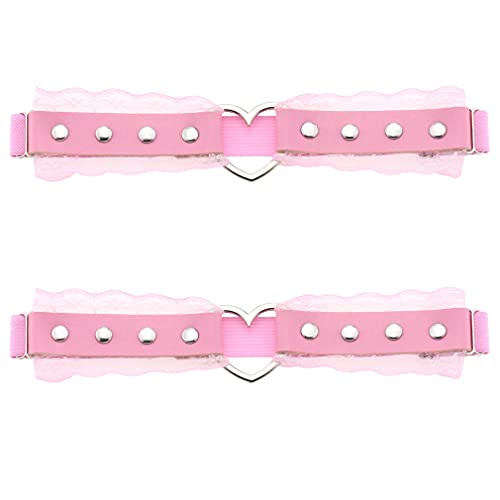 Women Girl Leather Heart Garters Leg Ring Belt Punk Studded Lace Elastic Thigh Ring Garters Adjustable Pink #TOP13