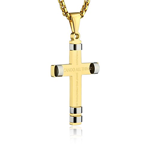 Image of HZMAN Philippians 4:13 Cross Pendant STRENGTH Bible Verse Stainless Steel Necklace 3 Colors Available