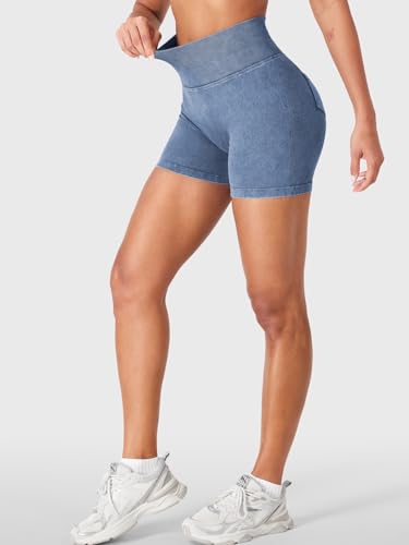 YEOREO Impact Biker Shorts for Women with Pockets Bridgie Cargo High Waist Seamless Faux Denim Workout Gym Shorts4