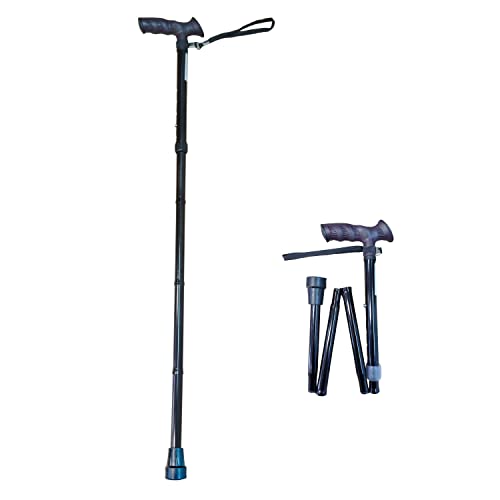 Bastón Plegable y Ajustable en Altura para Mayores de Aluminio – Empuñadura Anatómica y Ambidiestra con Cinta de Sujeción (Negro)