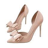 Coutgo Womens Court Shoes Bow Heels Pointed Toe Dress Shoes Stiletto Slip on Wedding Pumps Nude 9