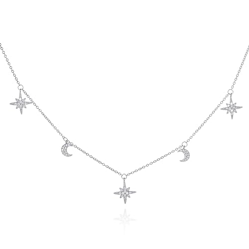 Image of Diamond Treats Dainty Moon and Star Charm Necklace in 925 Sterling Silver with Sparkling Cubic Zirconia Stones, Sterling Silver Necklace for Women and Teen Girls, Moon and Star Necklace in 925 Silver