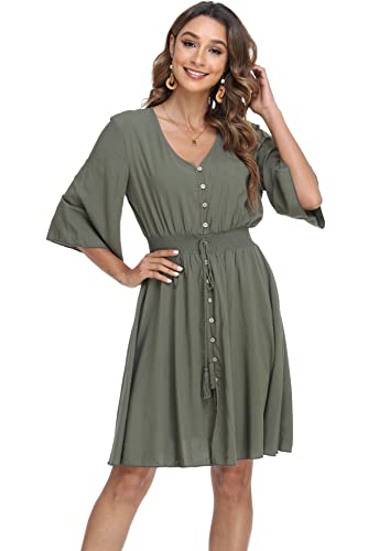 Image of VintageClothing Women's Floral Sundresses Flowy Boho Summer Beach Dress | Lightweight Breathable material,Elegant V Neck and Button Front Design,Flared Bell Sleeve Cut,Mini Casual dress