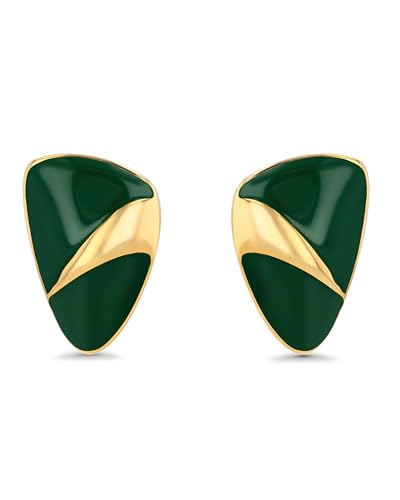 Dark Green Enamel Gold Shield Stud Statement Earrings for Women by SNGIA, Elegant Handmade Trendy Jewelry Gifts, Triangle Huggies Fashion Button Earrings Accessories, Vintage Thin Nickle Free Huggie Earrings.