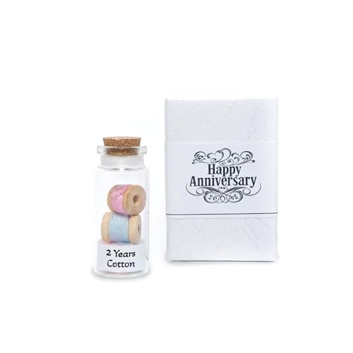 2nd Cotton Wedding Anniversary Tiny Handmade Keepsake Gift 2 Years Mini Bottle with Colorful Cotton Reels for Husband Wife Couple.