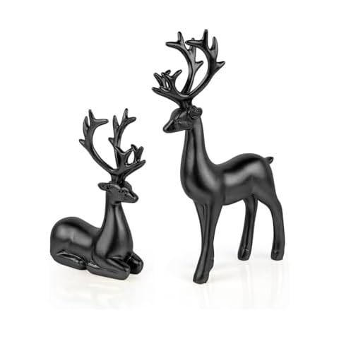 Bonlting 2 Pack Resin Christmas Reindeer Figurines Deer Statues Elk Sculpture Deer Ornaments for Living Figurine Statues TV Cabinet Home Office Wine Cabinet Decoration (Black) Cover