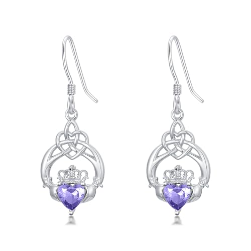 Seiyang Celtic Claddagh Alexandrite Birthstone Earring 925 Sterling Silver Irish Claddagh Dangle Drop Earrings with June Birthstone Celtic Irish Lucky Jewelry Gifts for Women