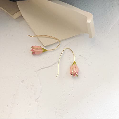Vintage Pink Tulip Flower Earrings Tiny Dainty Rose Floret Bud Drop Dangle for Women Temperament Daily Jewelry4