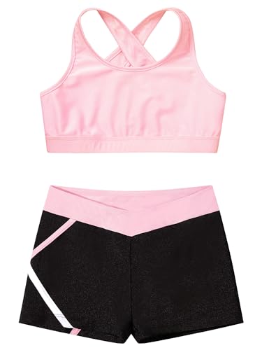 Kids Girls 2 Pieces Dance Outfit Gymnastics Crop Tank Sleeveless Shiny Tops Sport Bra and Shorts Set Tracksuit3