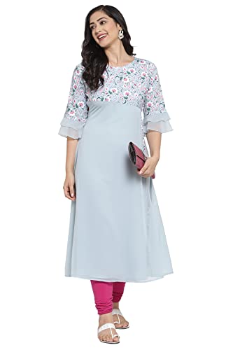 Image of Crepe Floral Regular Kurta (Women Light Blue XL)