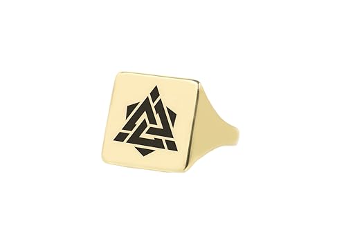 Bague Valknut en or de forme carrée avec gravure mythologique gravée pour homme et femme