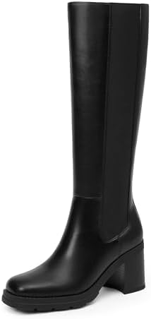 Knee High Boots Women Chelsea Platform Chunky Boots Slip on Faux Leather Square Toe Fall Long Tall Boots for Women