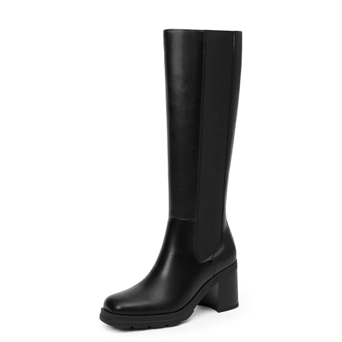 Knee High Boots Women Chelsea Platform Chunky Boots Slip on Faux Leather Square Toe Fall Long Tall Boots for Women