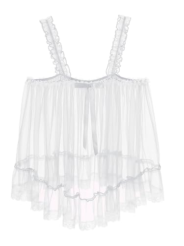 Men's Sissy Lace Floral Tank Top Ruffle Straps Mesh Undershirt Camisole Transparent Vest Top3