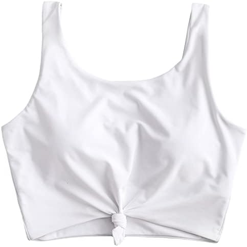 ZAFUL Women's Scoop Neck Solid Color Knotted Pullover Padded Plain Bikini Bra Swim Top (Y-White, S)
