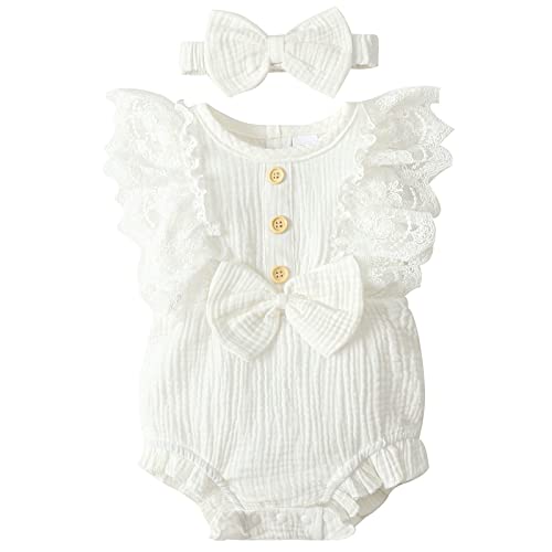 Image of Baby Girl Clothes Newborn Fall Winter Rompers Lace Ruffle Sleeveless One-Pieces Buttons Jumpsuits Bodysuit Outfits Set