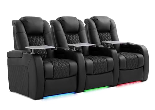 PBRO Home Theater Seating Genuine Leather Recliner Chair, Power Reclining & Headrest, USB A/C Charging Ports, Tray Table, Cup Holder Ambient Lighting Black Row of 3