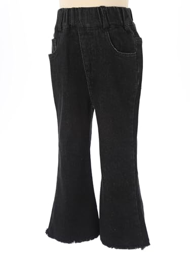 JEATHA Kids Girls Jeans Casual Pull-On Bell Bottoms Denim Trousers Elastic Raw Hem Flared Pants with Pockets2
