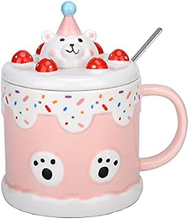 Cute Bear Mug,Kawaii Animal Tea Cup,Party Bear Coffee Mugs,Pink Mug for Women,Funny Mug with lid and Spoon,Gifts for Women and Girls,Birthday Thanksgiving Day Christmas Present 410ml (Pink)
