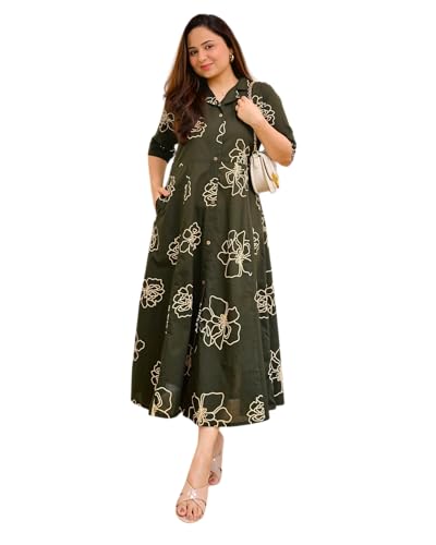 Image of Women's Floral Print Midi Dress, Rayon, A-Line Fit and Flare, Shirt Collar, Half Sleeves, Casual Wear