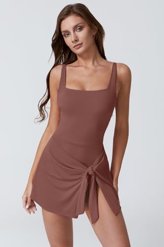 Image of QINSEN Square Neck Swim Dress for Women Tummy Control One Piece Swimsuit Wrap Bathing Suit