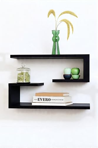 Image of Multifunctional 2 Wall Shelves and Storage Rack | Engineered Wood Painted Book Shelf Multipurpose Home Decor Storage Shelf Display Organizer for Living Room & Bedroom (Black)