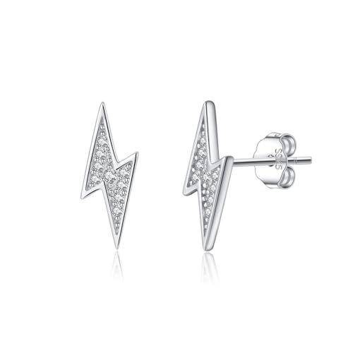 Reffeer Solid 925 Sterling Silver CZ Lightning Earrings Stud for Women Teens Lightning Bolt Stud Earrings Hypoallergenic