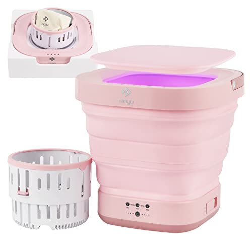 Portable Washing Machine, Updated Small Washer (2 Blue Ray&High Speed), Foldable Mini Washer with Drain Basket, for Underwear, Socks, Baby Clothes, Towels, Delicate Items (Pink + Blue Ray)