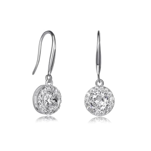 Image of Zavana Silver Drop Earrings for Women and Teen Girls in a Halo Design, Silver Dangle Earrings for Women set with White Cubic Zirconia Stones,