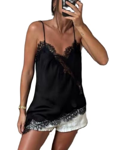 Women Satin Lace Trim Cami Tops Silk V Neck Spaghetti Strap Tank Top Y2k Loose Going Out Camisoles Streetwear