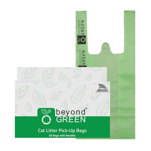 beyondGREEN Cat Litter Waste Bags with Handles 50 Count Green 8 x 16 with 2.5 Gussets Strong Easy-Tie Daily Litter Clean-Up Bags