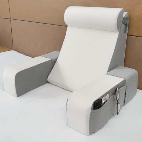 Vekkia Reading Pillow with Adjustable Arms & Headrest – Zoned Foam Support, XL Side Pockets, Removable Cover, Back Support Chair for Reading, Gaming, Post-Surgery Recovery in Bed or Floor, 21