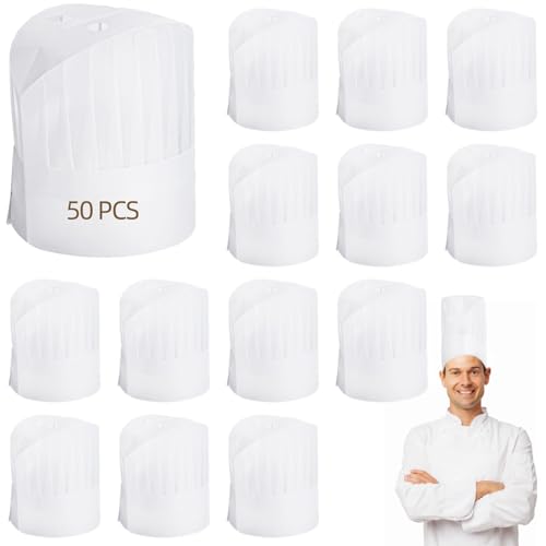 CACAZI 50 Stück Einweg-Kochmützen, verstellbare Kochmützen mit atmungsaktiven Löchern, Kochmütze aus Vliesstoff, Unisex-Kochmütze für die Küche im Restaurant zu Hause, Hausarbeit, Catering, Party