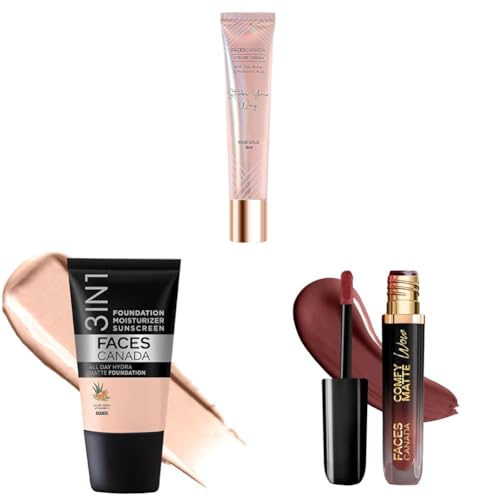 Image of FACES CANADA Celeb Glow Combo | Strobe Cream - Rose Gold, 18ml + Hydra Matte Foundation - Rose Ivory, 18ml + Comfy Matte Wow - Cocoa Crush, 3.8ml | Highlighter | Highly Pigmented | Pack of 3