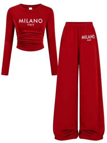 Image of OLMRJKD Girls 2 Piece Outfits Long Sleeve Letter Printed Sweatshirt & Wide Leg Pants Fall Clothing Set Size 7-16 Years