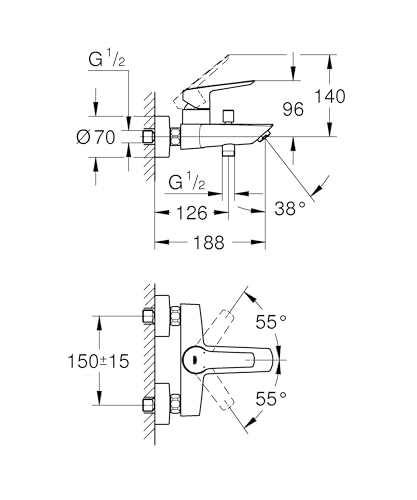 GROHE Start, Badewannenarmatur (Duscharmatur für Badewanne, Auto-Umstellung Wanne/Brause, integriertes Rücklaufventil, Metallhebel, Mischbatter mit S-Anschlüssen), schwarz, 242062432