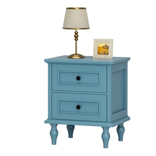 Scurrty Nightstand, Antique Style End Table with 2 Drawers, Taller Nightstand for Bedroom, Side Table for Bedroom (Blue, Single)