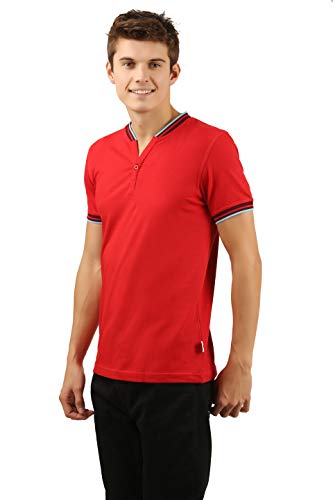 Image of Zebu Men's Half Sleeve Cotton Henley Neck Tshirt with bio wash (Pack of 1). Red