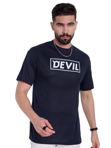 Image of Go Devil Men's Dark Blue 100% Polyester Printed T-Shirt | Half Sleeve, Regular Fit Casual Wear for Men