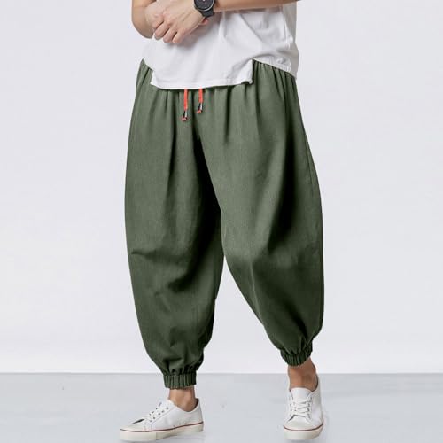 Mens Casual Harem Pants, Elastic Waist Drawstring Cotton Linen Cropped Trousers Street Plus Size Lightweight Pants3