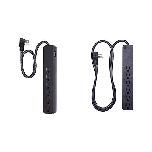 GE UltraPro 6 Outlet Surge Protector, 2 ft Designer Braided Extension Cord, Long Power Cord, Wall Mount, Black & Power Strip Surge Protector, 6 Outlets, Flat Plug, 4 Ft Power Cord, Wall Mount, Black